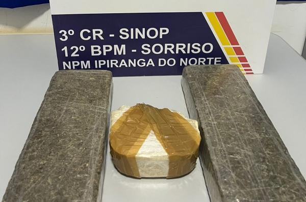 Ipiranga do Norte: PM apreende maconha e pasta base após motorista ver viatura e "se assustar" na MT-242; dois foram presos
