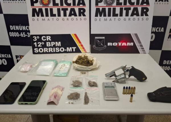 Sorriso: Adolescente é apreendido e dois jovens são presos após serem flagrados com arma e drogas pela ROTAM