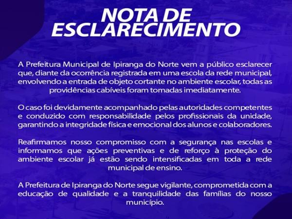 Ipiranga do Norte: Prefeitura emite NOTA ap&oacute;s aluno, de 8 anos, levar facas para escola e diz que tomou provid&ecirc;ncias necess&aacute;rias
