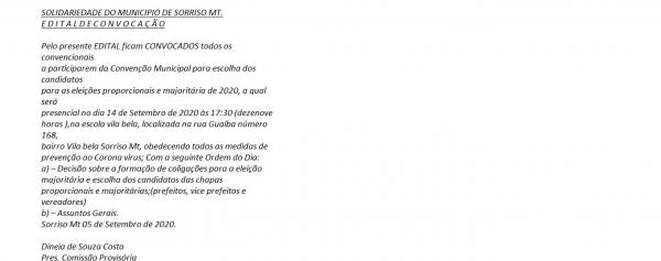 SOLIDARIEDADE DO MUNICIPIO DE SORRISO MT.   E D I T A L         D E        C O N V O C A Ç Ã O