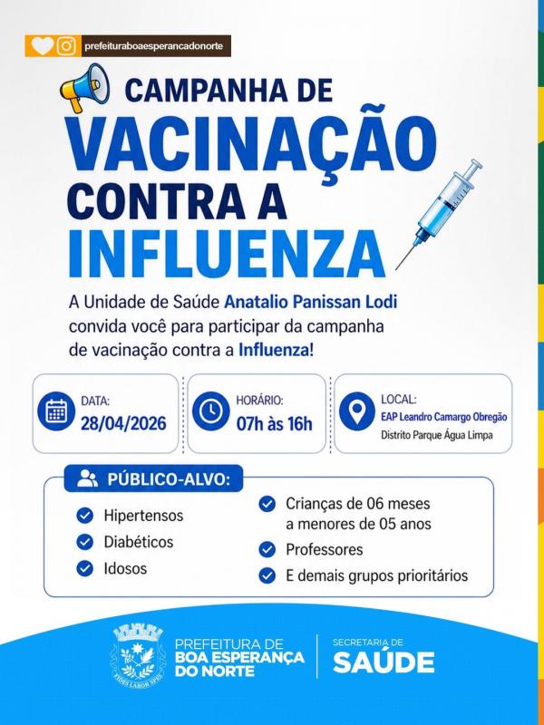 Boa Esperan&ccedil;a do Norte: Prefeitura realiza campanha de vacina&ccedil;&atilde;o contra Influenza no distrito de &Aacute;gua Limpa no dia 28