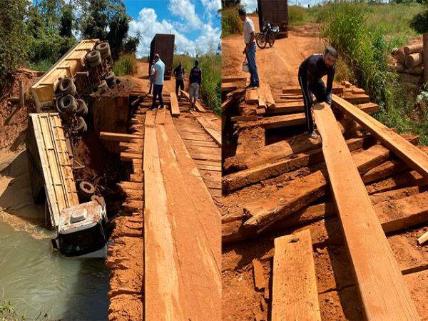 Sorriso: Carreta cai de ponte do "Corg&atilde;o" e parte da ponte de madeira &eacute; danificada; Ponte servia para escoar a produ&ccedil;&atilde;o de gr&atilde;os