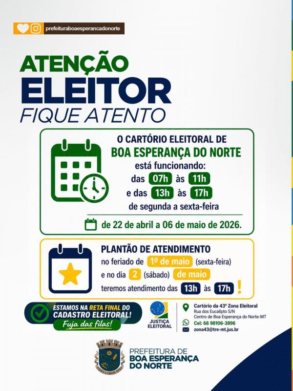 Boa Esperan&ccedil;a do Norte: Cart&oacute;rio Eleitoral amplia atendimento na reta final do cadastro eleitoral com plant&atilde;o especial no feriado de 1&ordm; de maio e s&aacute;bado (2)