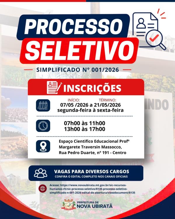 Nova Ubirat&atilde;: Prefeitura anuncia abertura de inscri&ccedil;&otilde;es para Processo Seletivo