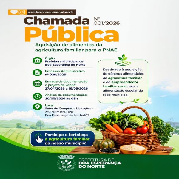Boa Esperan&ccedil;a do Norte abre Chamada P&uacute;blica para aquisi&ccedil;&atilde;o de alimentos da agricultura familiar para o PNAE