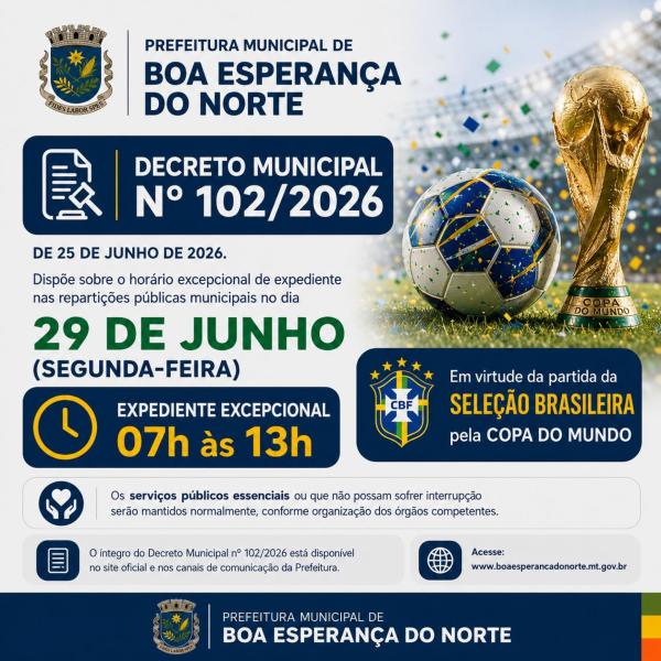 Boa Esperan&ccedil;a do Norte: Prefeitura decreta hor&aacute;rio excepcional de expediente na pr&oacute;xima segunda-feira