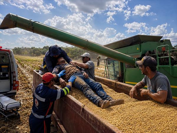 Nova Ubirat&atilde;: Trabalhador cai de carreta ap&oacute;s ser atigindo por tubo de descarga da colheitadeira, fica desacordado e &eacute; socorrido em fazenda