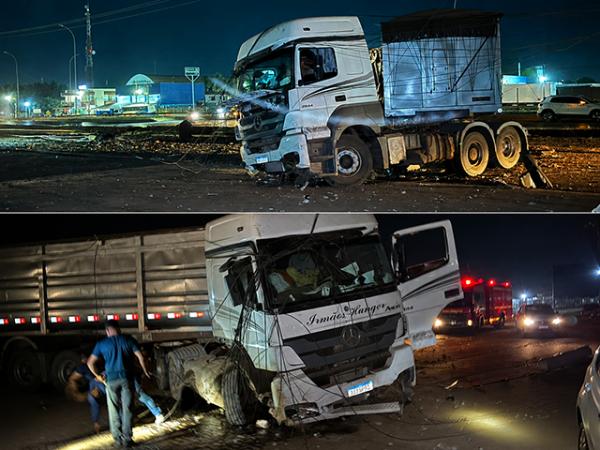 Sorriso: Motorista perde controle de carreta, sai da BR-163 e atinge carro, poste, e fica preso na cabine energisada