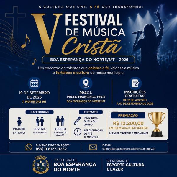 Est&atilde;o abertas as inscri&ccedil;&otilde;es para o V Festival de M&uacute;sica Crist&atilde; de Boa Esperan&ccedil;a do Norte