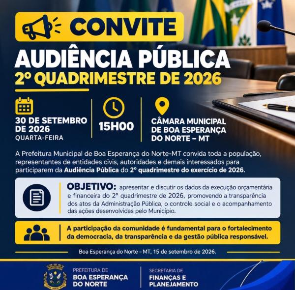 Prefeitura de Boa Esperan&ccedil;a do Norte realiza Audi&ecirc;ncia P&uacute;blica sobre o 2&ordm; quadrimestre de 2026