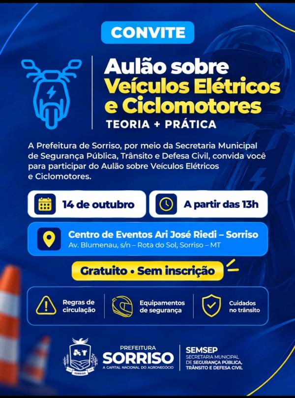 Prefeitura refor&ccedil;a convite para aul&atilde;o sobre condu&ccedil;&atilde;o de ve&iacute;culos el&eacute;tricos e ciclomotores
