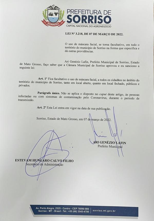 Uso de máscara deixa de ser obirgatório em Sorriso