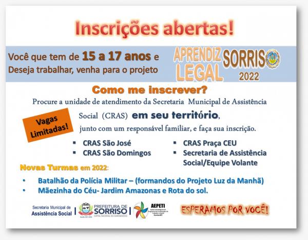 Sorriso: Projeto Aprendiz Sorriso Legal abre inscri&ccedil;&otilde;es para a edi&ccedil;&atilde;o 2022