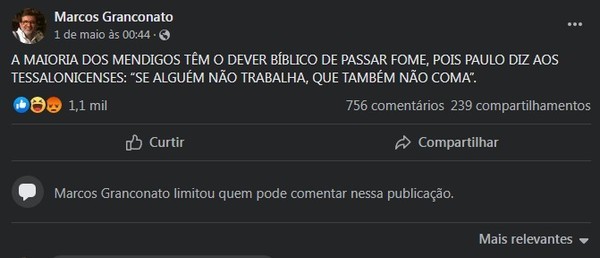 Mendigos t&ecirc;m o dever c&iacute;vico de passar fome, diz pastor nas redes sociais