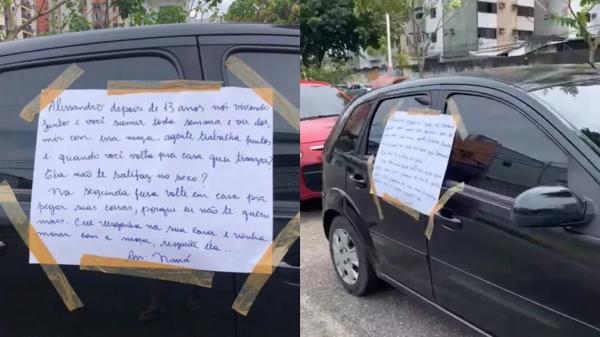 Mulher descobre trai&ccedil;&atilde;o e cola cartaz de t&eacute;rmino no carro do companheiro:  crie vergonha na cara
