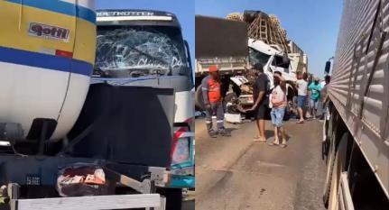 Lucas do Rio Verde: Engavetamento de caminh&otilde;es e carreta bloqueia o tr&acirc;nsito na BR-163