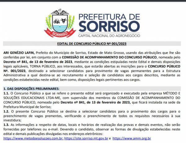 Sorriso abre edital de concurso p&uacute;blico com 69 vagas com sal&aacute;rios de at&eacute; R$ 9,8 mil