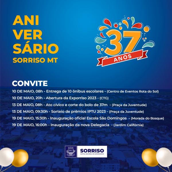 Anivers&aacute;rio de Sorriso ter&aacute; sorteio de tr&ecirc;s grandes pr&ecirc;mios no s&aacute;bado (13)