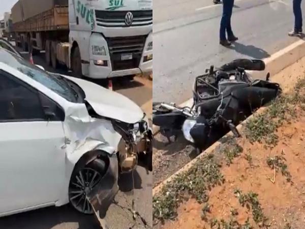 Sorriso: Mulher &eacute; socorrida em estado grave ap&oacute;s acidente entre Corolla e  moto na BR-163