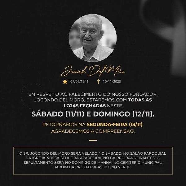 Sorriso: De luto, Del Moro, Del Norte e Casa Aurora t&ecirc;m atividades suspensas nesse s&aacute;bado e domingo (11/11) e (12/11)