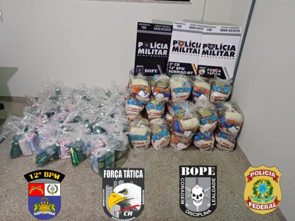 Sorriso: PM, PF e BOPE apreendem armas, drogas e 38 cestas b&aacute;sicas que fac&ccedil;&atilde;o distribu&iacute;a para fam&iacute;lias carentes  