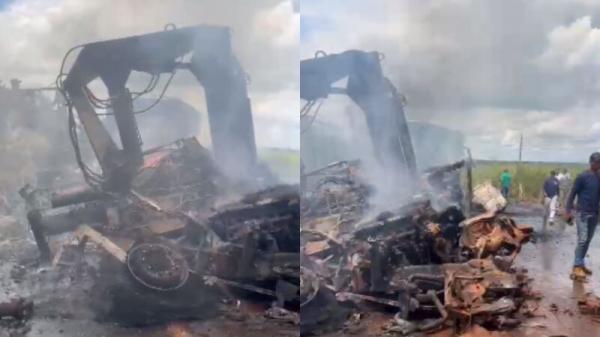 MT: Homens morrem queimados e um fica em estado grave em acidente entre carreta e caminh&atilde;o na MT-430